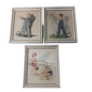 Lambert Products Framed Prints Kids Boy in Pajamas Overalls Girl Beach Vintage